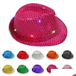 Otros suministros de fiesta festivos Sombreros de jazz LED Light Up Fedora Trilby Sequins Gaps Fancy Dress Dance Unisex Hip Hop Lumin Dh0to