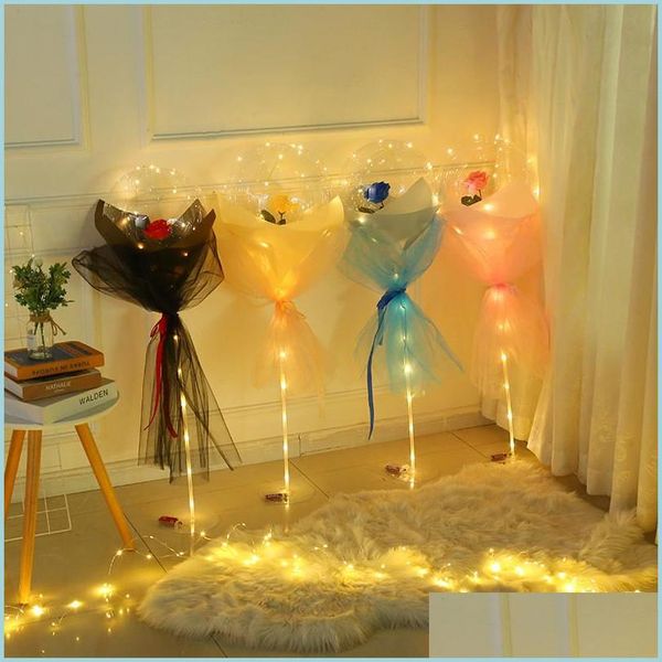 Autres fournitures de fête festive LED Ballon lumineux Rose Bouquet Transparent Clignotant Lumière Bobo Ball Anniversaire Décor Saint Valentin Wedd Dhadz