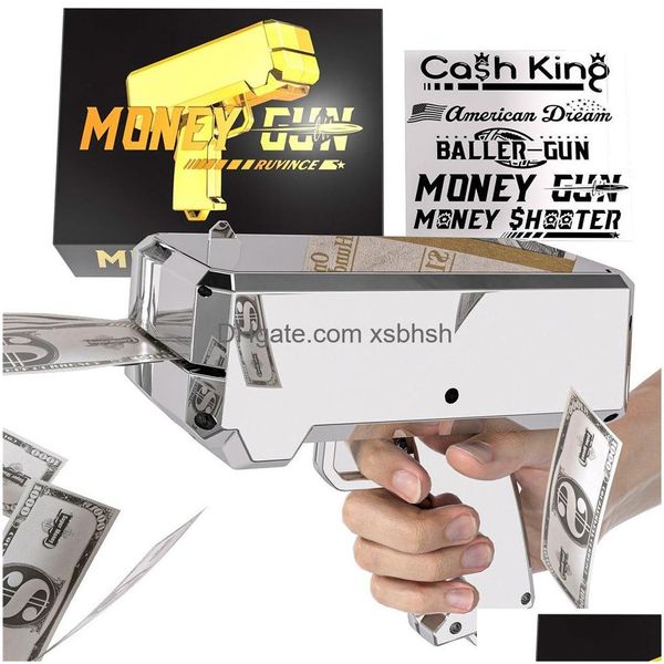 Otros suministros para fiestas festivas Money Gun Shooter con 100 piezas Prop Spray Toy Cash Cannon 18K Sier plateado Make It Rain Dollar Bill para Dhzki