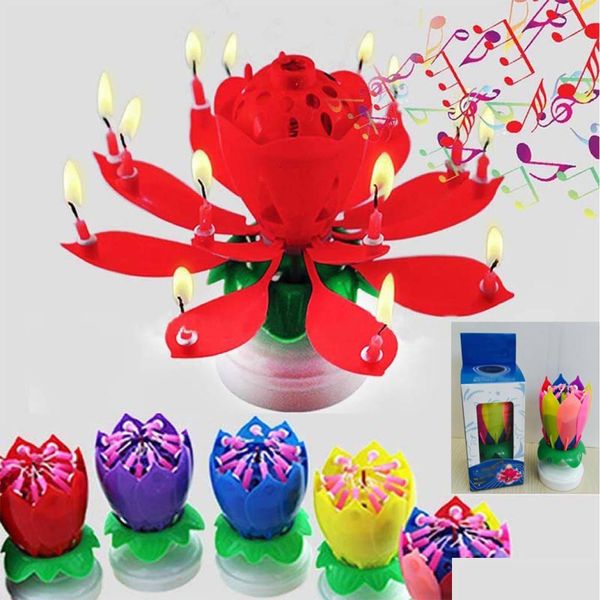 Autres fournitures de fête festive Bougie de musique Colorf Pétales Enfants Anniversaire Lotus Bougies de fleurs scintillantes Squirt Blossom Flame Cake Dhoiy