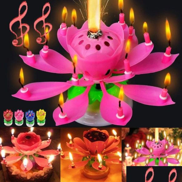 Otros suministros de fiesta festiva Vela de cumpleaños musical Velas de flor de loto mágicas Flor giratoria Fiesta de giro 14 Pastel pequeño de 2 capas para DHB2D