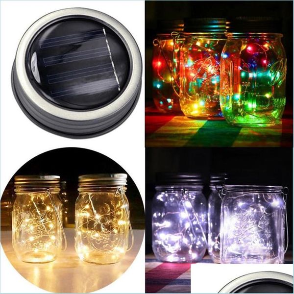 Autres fournitures de fête de fête Solaire LED Mason Jar Lid Fairy Star Lights Vis sur Sier Lides Décorations de jardin de Noël Dro Dhidz