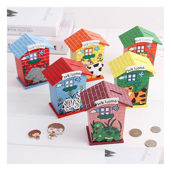 Autres fournitures de fête festives Bois Chalet Tirelire Tirelire Creative Animal Dessin animé Maison Boîtes de chambre Enfants Jouets pour enfants Pièces de monnaie Sa Dhqkq