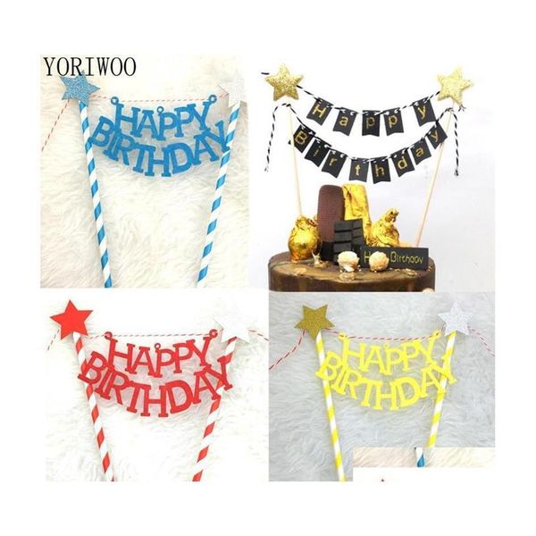 Otros suministros festivos para fiestas Yoriwoo Feliz cumpleaños Cake Topper Bandera Banner Cupcake Toppers 1st Decoraciones Kids Baby Shower Decor277x