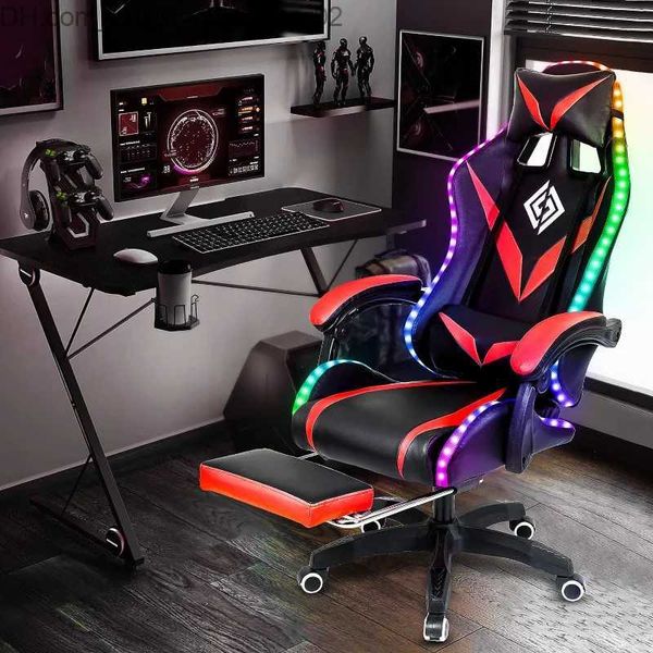 Autres meubles Chaise de jeu avec massage et lumières LED RVB Chaise d'ordinateur ergonomique avec accoudoir de liaison de support rouge et noir Q240129