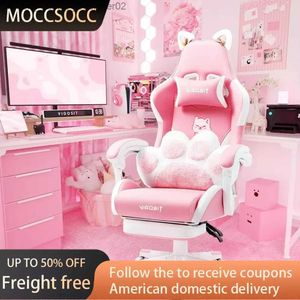 Autres meubles Chaise de jeu PC inclinable pour fille Fauteuil d'ordinateur Chaise de jeu rose avec coussin lombaire de patte de chat et oreilles de chat Gamer gratuit Q240129