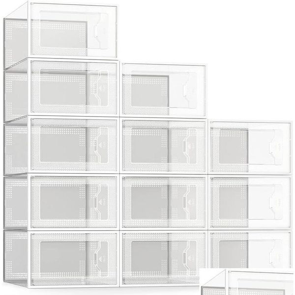 Otros muebles Ver Spring Large 12 Pack Caja de almacenamiento de zapatos Organizador apilable de plástico transparente para armario Ahorro de espacio Estante plegable Snea OT39B