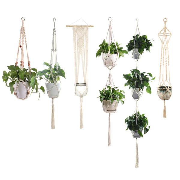 Autres fournitures de jardin Sac de filet de pot de fleur fait à la main Accueil Planteur Cintre Macramé Plante tressée Panier suspendu Balcon Décor