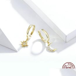 Autres Véritable 925 Sterling Sier Moon et Star Dangle Boucles d'oreilles avec charme Clear Cz Or Couleur Bijoux Bijoux Drop Livraison 2022 Dhpo7