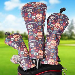 Andere golfproducten Dia de los muertos -stijl zachte pu lederen printgolfclub headcover 3pcs set optie driver fairway houten hybride covers 230821