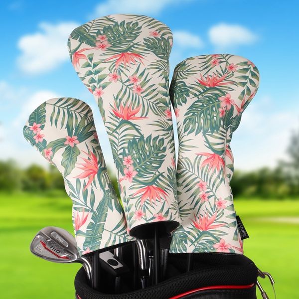 Autres produits de golf de style hawaïen en cuir PU souple imprimé couvre-tête de club de golf ensemble de 3 pièces pilotes livrés aire de jeux couverture en mélange de bois 230620