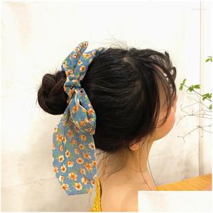 Autres bijoux de cheveux Vintage Floral Print Scrunchie Soie Élastique Bande Femmes 2023 Mode Bows Cravates Cordes Accessoires Drop Livraison Jewel Dhezh