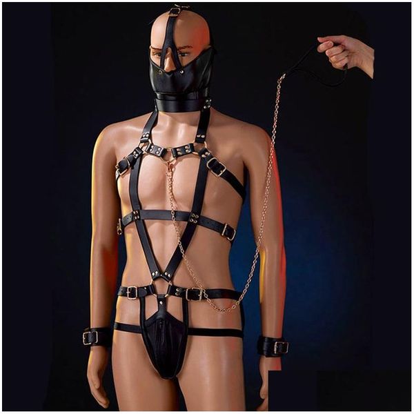 Otros artículos de belleza de salud Figuras militares Traje de esclavo masculino Ajustable Bdsm Bondage Conjunto de cuero Ropa de castidad Pene Jaula Esposas H DHHK4