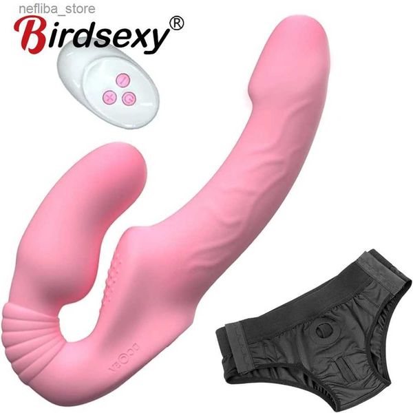 Otros artículos de belleza de la salud vibrador de consolador sin tirantes con control remoto para mujeres parejas lesbianas G-Spot Toyes adultos de doble extremo con 10 modos L410