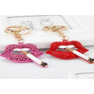Andere thuisdecor 2021 Fashion sexy roze lip kristallen sigaretten sleutelhanger charme hanger Rhinestone autobelisje handtas sleutelhanger ring dhn2q