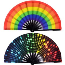 Autres décorations pour la maison 34 cm grand ventilateur à main pliant pliable 1 pcs Dot Rainbow Print Black Bamboo Nylon-Tissu Festival Handheld pour cadeau233L