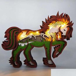 Otra decoración para el hogar Corta de caballos 3D Corte de madera Material de madera Decoración del hogar Artesan artesanías de la mesa de animales de bosque salvaje Estatuas Dhgarden Dhizy