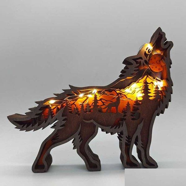 Otra decoración para el hogar 3D Lobo salvaje Artesanía Corte por láser Material de madera Regalo Artesanías de arte Bosque Animal Decoración de mesa Estatuas Adornos Habitación Gota Dhnvh