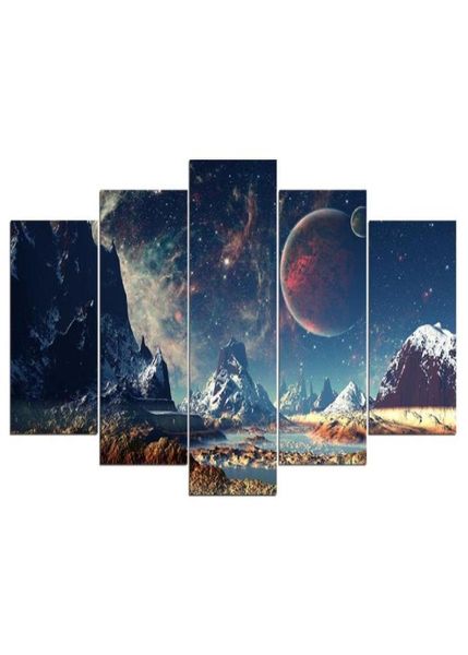 Autre décoration intérieure 5 pièces toile spatiale d'art planète Snow Lake Galaxy Painting Modular Wall Pictures For Living Room7635883