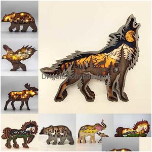 Otra decoración para el hogar Animal Oso Lobo Ciervo Caballo Pájaro Artesanía Corte Láser Madera Regalo Arte Artesanía Bosque Mesa Decoración Estatuas Adornos Habitación DHCWV