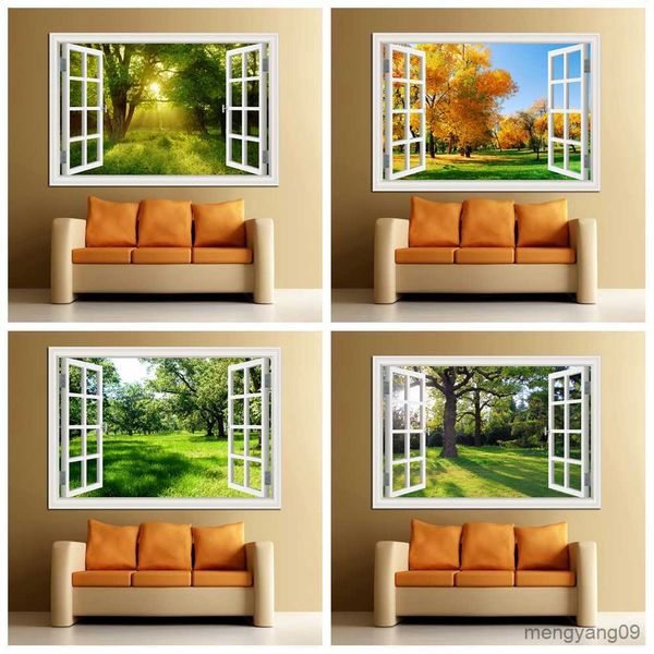 Autre décor à la maison forêt fenêtre paysage autocollant vinyle Art amovible vert doré feuilles forêt cuisine chambre décor papier peint autocollant R230630