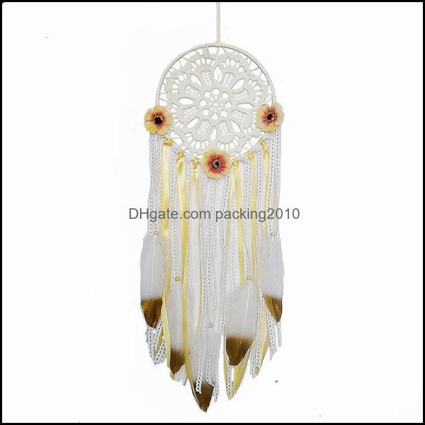 Otro Home Decor Garden Boho Dream Catchers Hecho a mano White Gold Feather Dreamcaters con flores para colgar en la pared Decoración Wedding Craft