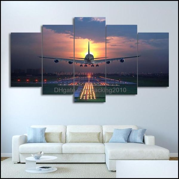 Otra decoración del hogar jardín Hd impreso 5 piezas lienzo arte pintura puesta de sol avión césped aeropuerto póster cuadros de pared decoración entrega de la gota