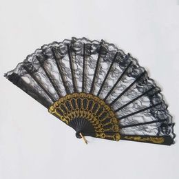Otra decoración para el hogar Damas de encaje Fan de mano Negro Tela blanca Fans plegables Español Victoriano para el banquete de boda Favor Regalo Adorno de baile