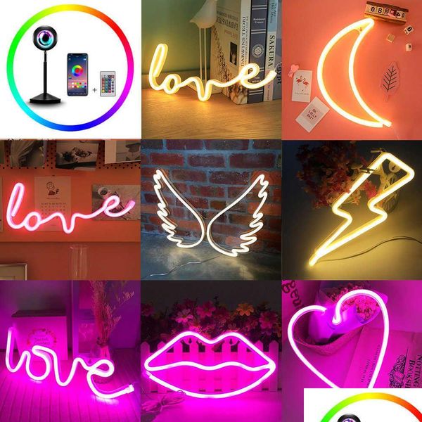 Autre décor à la maison LED USB Rainbow Sunset Red Neon Sign Light Wall Word Affiche Fond Chambre Boutique Mariage Décor de Noël Pographie Pro Dhadx