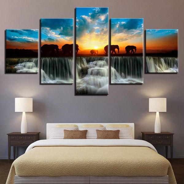 Autre décor à la maison moderne HD imprimé peintures 5 panneau éléphant Animal coucher de soleil vue mur Art cadre toile salon photos Tableau