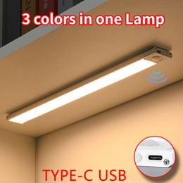 Andere Home Decor Nachtlampje TYPEC USB Lights Bewegingssensor LED Drie kleuren in een Lamp Voor Keukenkast Slaapkamer Garderobe Binnenverlichting 230807