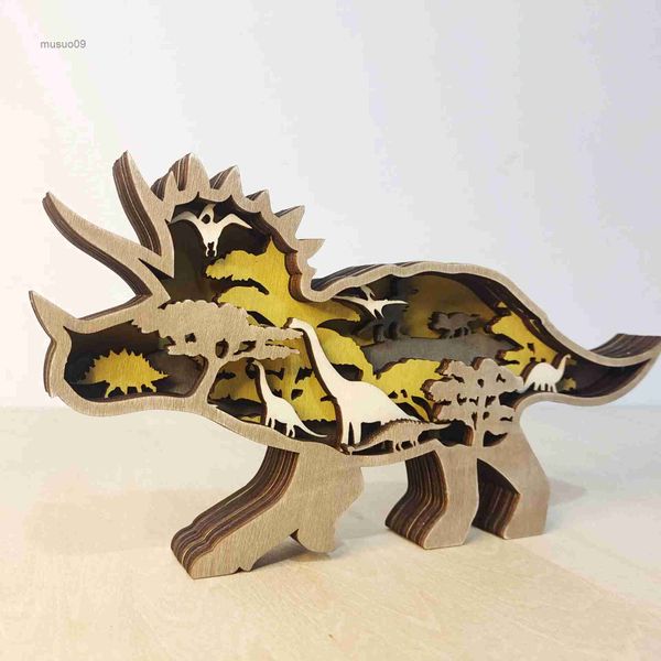 Otra decoración para el hogar Decoración de mesa Madera 3D Dinosaurio hueco FOX EIK Elefante Oso Escritorio Juguete Adornos de coche Etiqueta de moda Decorativo de mano L231114