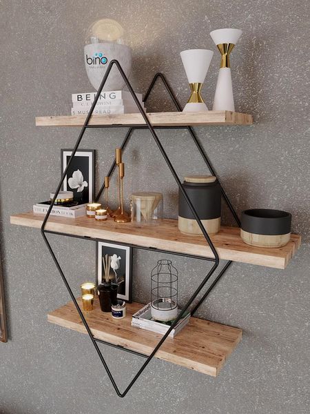 Autre décor à la maison étagère murale cuisine salle de bain rétro losange bois fer artisanat fait à la main multi-fonction étagère de rangement bibliothèque montée 3 couchesOthe