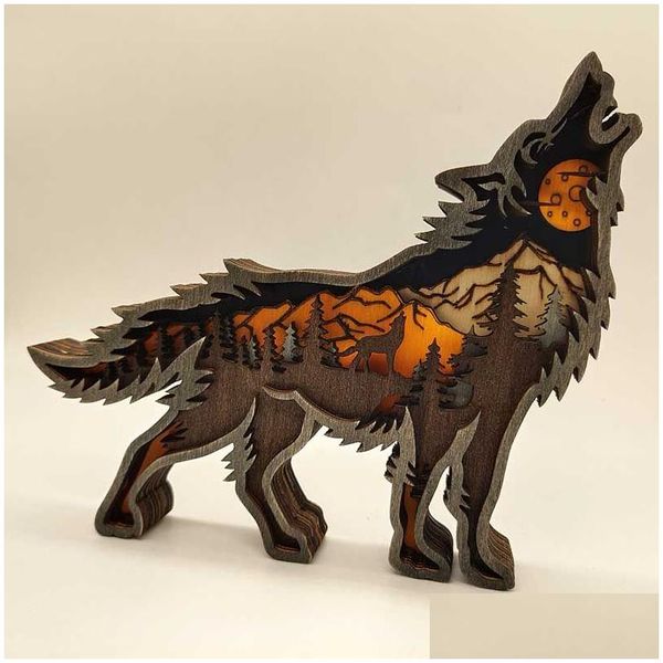 Otra decoración del hogar Wild Wolf Craft 3D Laser Cut Material de madera Regalo Artesanía Bosque Animal Decoración de mesa Estatuas Adornos Habitación Dr Dhbzf