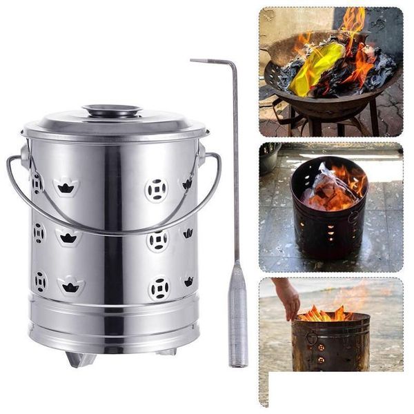 Otros Home Garden BBQ Grills 1 Set Burning Fire Bin Usef Prime Burn Barril Papel Incinerador de acero inoxidable para exteriores 221129 Drop D DH4QX