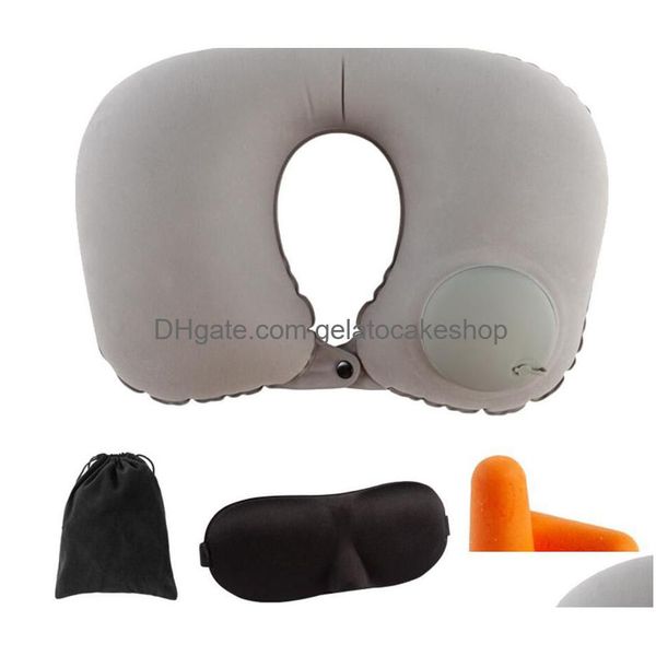 Otro Home Garden Venta al por mayor 3 en 1 Juego de viaje Inflable en forma de U Almohada para el cuello Cojín de aire Agregar Slee Eye Mask Eyeshade Tapones para los oídos Car S Dhr2D