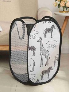 Overig Thuis Opbergorganisatie Zwarte opbergmand voor vuile kleding Puin huishoudelijke wasmand met giraffe bedrukt polyester mesh stoffen organizer 19x19x12 9