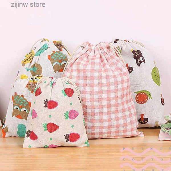 Autre organisation de stockage à domicile Coton Lin Tissu Pochette Sac à cordon Mignon Animal Plante Imprimer Enfants Voyage Tissu Chaussures Sac de rangement Maquillage Cas de Noël Sac cadeau Y24032