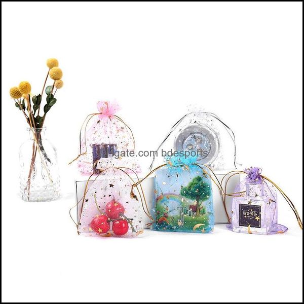 Autre Organisation De Stockage À La Maison Étoiles Lune Favor Sac Cadeau Organza Dstring Mti Couleur Sacs Plaqué Or Pochette D'impression De Mariage Naissance Dhfaw