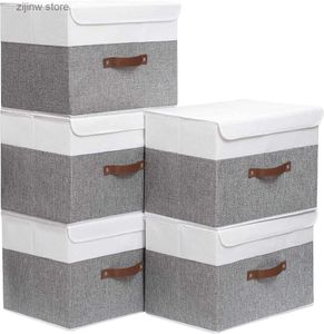 Autre organisation de stockage à domicile Yawinhe Boîte de rangement pliable en tissu de lin panier de rangement lavable avec couvercle et poignée en cuir adapté à la garde-robe de la maison blanc Y240