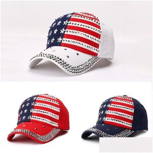 Overige Thuis Textiel Mode Rivet Baseball Cap Trump President Verkiezing Hat Diamond Bling Sport Ball Snapback America Flag Sun Drop D Dhjrq