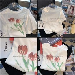 Otros textiles para el hogar Textiles Garden Party Favor 2022 Nuevo vestido de verano Algodón Blanco Manga corta Destacado Estampado de flores Cuello redondo suelto T-S