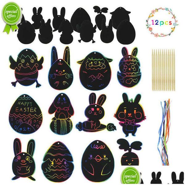 Otra organización de limpieza 12 unids Pascua Magic Scratch Art DIY Pintura Artesanía Niños Regalo Huevos Bunny Chick Adornos colgantes de Dhiip