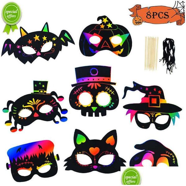 Autre organisation d'entretien ménager Nouveau 8pcs Halloween Diy Scratch Masks Magic Rainbow Color Kids Painting Gift Toys Party Favors Decora Dhrae