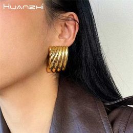 Autres Huanzhi Metal Square Striped Wave Grands boucles d'oreilles Stud For Women Girls Fashion Retro Exagéré Classic Party Bijoux NOUVEAU 240419