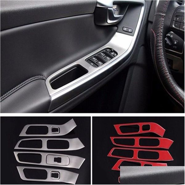 Otros accesorios interiores 7 unids Puerta de acero inoxidable Panel de reposabrazos Decoración Ventana Vidrio Levantador Marco Trim para Voo Xc60 S60 V60 Coche Dhkw6