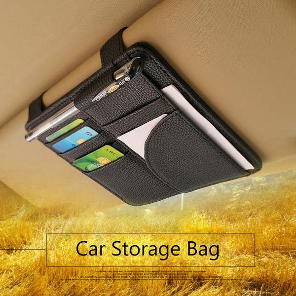 Otros accesorios interiores Soporte para parasol de coche Recibos Organizador de tarjetas de boleto Bolsa de almacenamiento de bolsillo de cuero de PU en clip de soporte de pluma