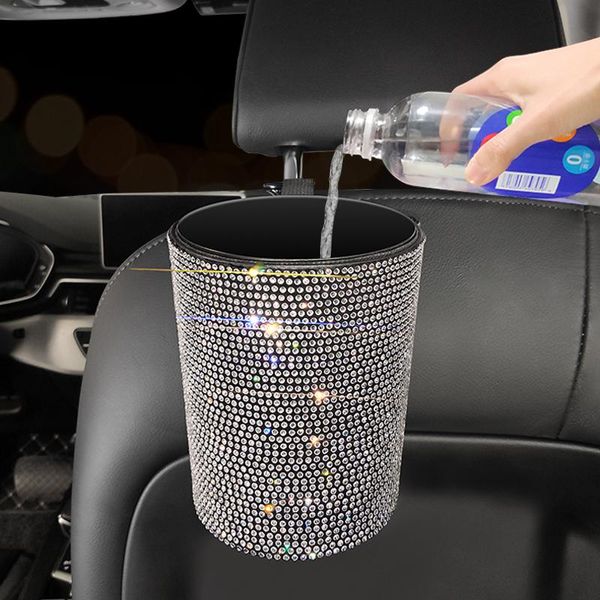 Otros accesorios interiores Contenedor de basura del coche Mini Auto Organizador de polvo Bolsa de basura Contenedor de basura de cristal Caja de almacenamiento Cubo Bling