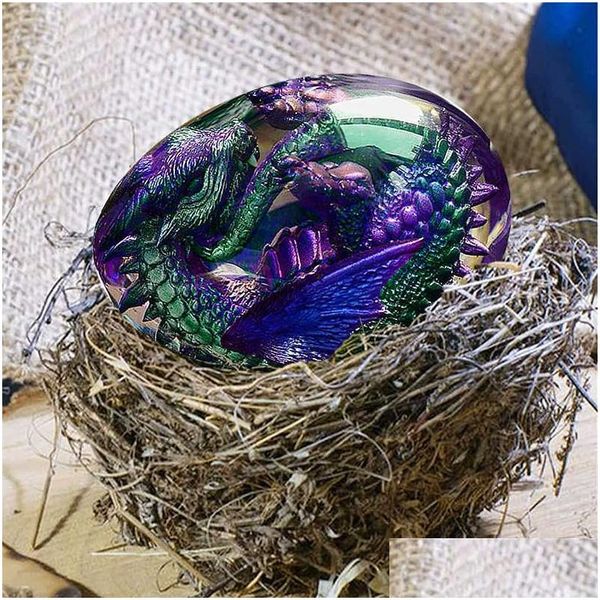 Autres accessoires d'intérieur Oeuf de dragon de lave Glowing Collection de dinosaures Statue Résine Souvenir Cristal Gemmes minérales Décor à la maison Voiture Dec Dhtjz