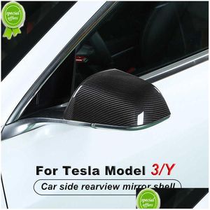 Autres accessoires d'intérieur Nouveau 2 pièces/ensemble matériau en fibre de carbone véritable rétroviseur latéral de voiture coque décorative pour Tesla modèle 3 Y -2021 Dhale